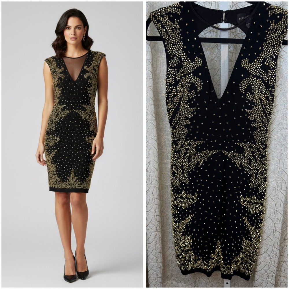 Betsy & Adam Black Gold Beaded Cocktail Dress –‎ Size 2